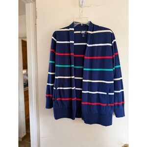 Lands End Navy Multi Stripe Knit Cardigan Sweater Women's S/P Layering Nautical